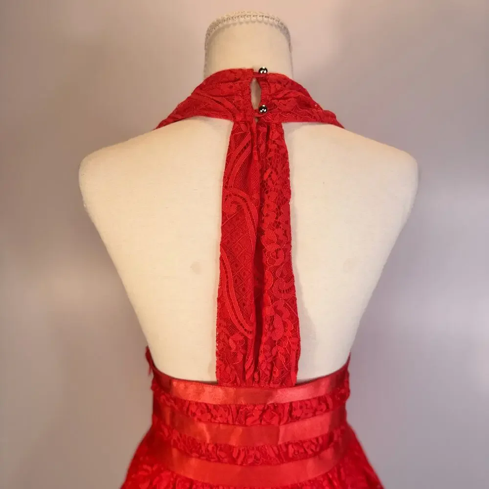 Bebe Lace Halter Peplum Top Poppy Red Women’s Small Plunge Satin Waist Y2K Party - Picture 11 of 16